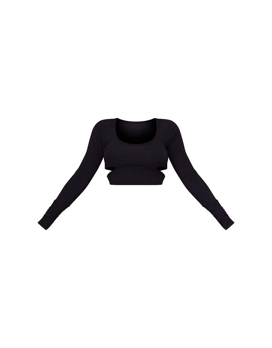 Black Crinkle Rib Cut Out Detail Long Sleeve Top - 4
