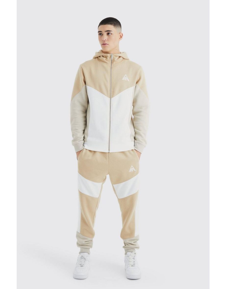 Man Slim Funnel Hooded Colour Block Tracksuit - sand