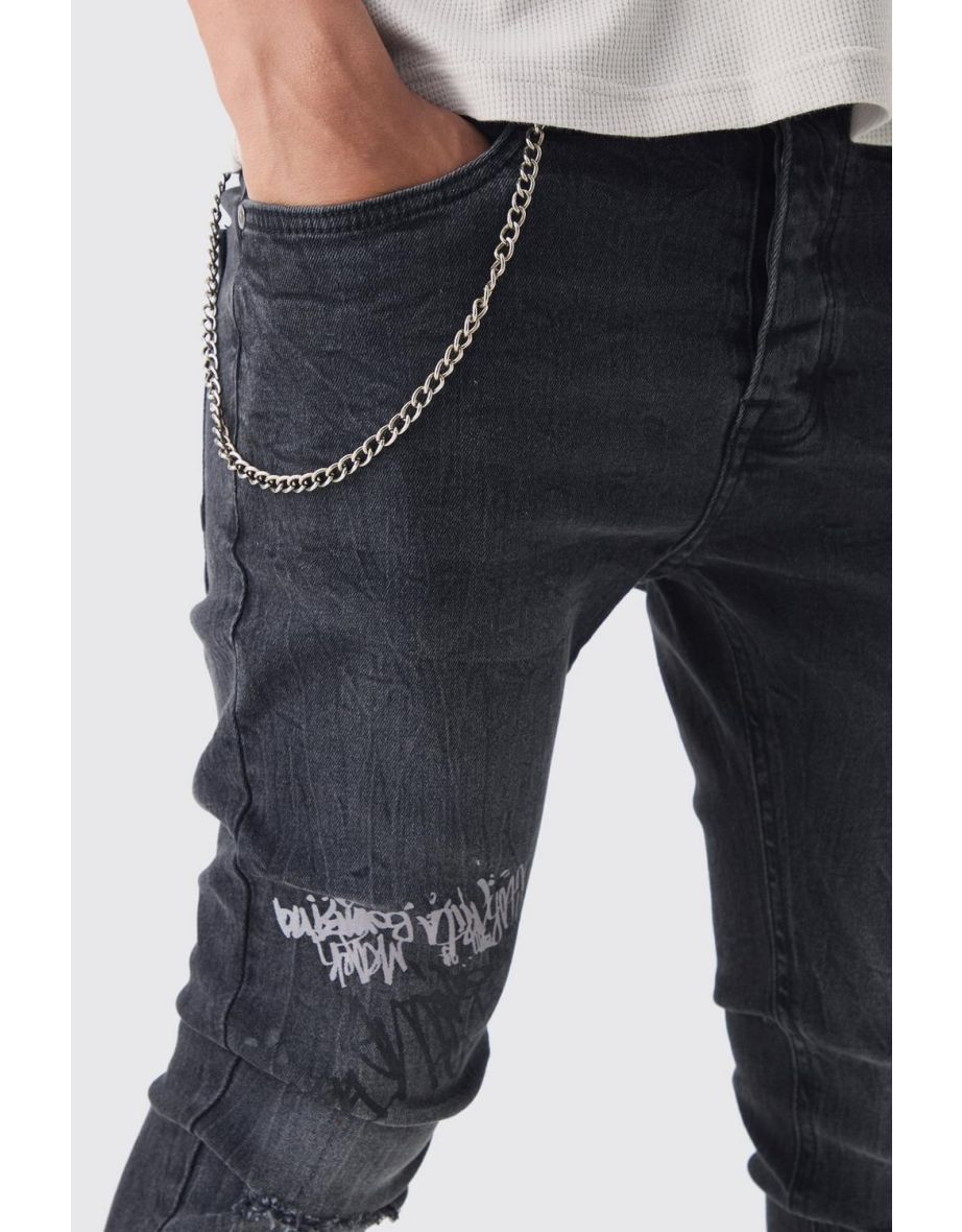 Skinny Fit Graffiti Ripped Jeans With Chain - washed black - 2