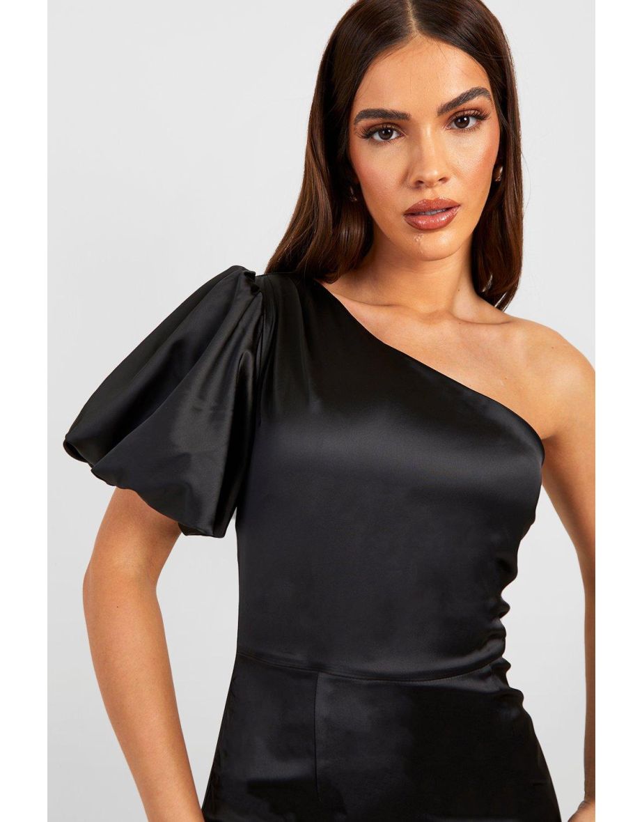 Puff Sleeve Satin Mini Dress - black - 3