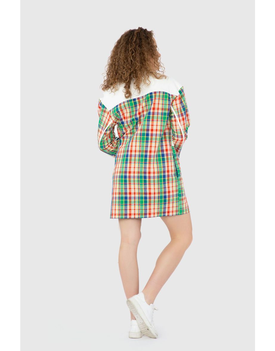 Plaid Linen Dress with Shiny Embroidery Detailed Jean Garnish - 2