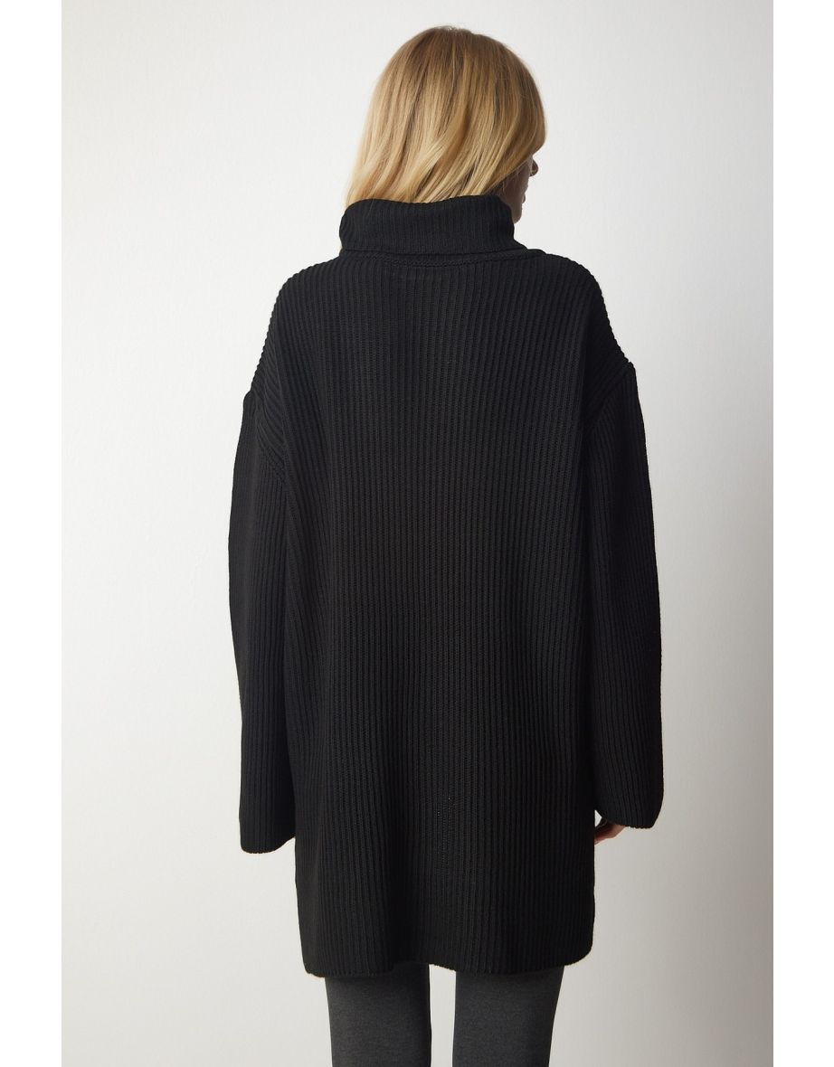 Women's Black Turtleneck Oversized Knitwear Sweater - 5