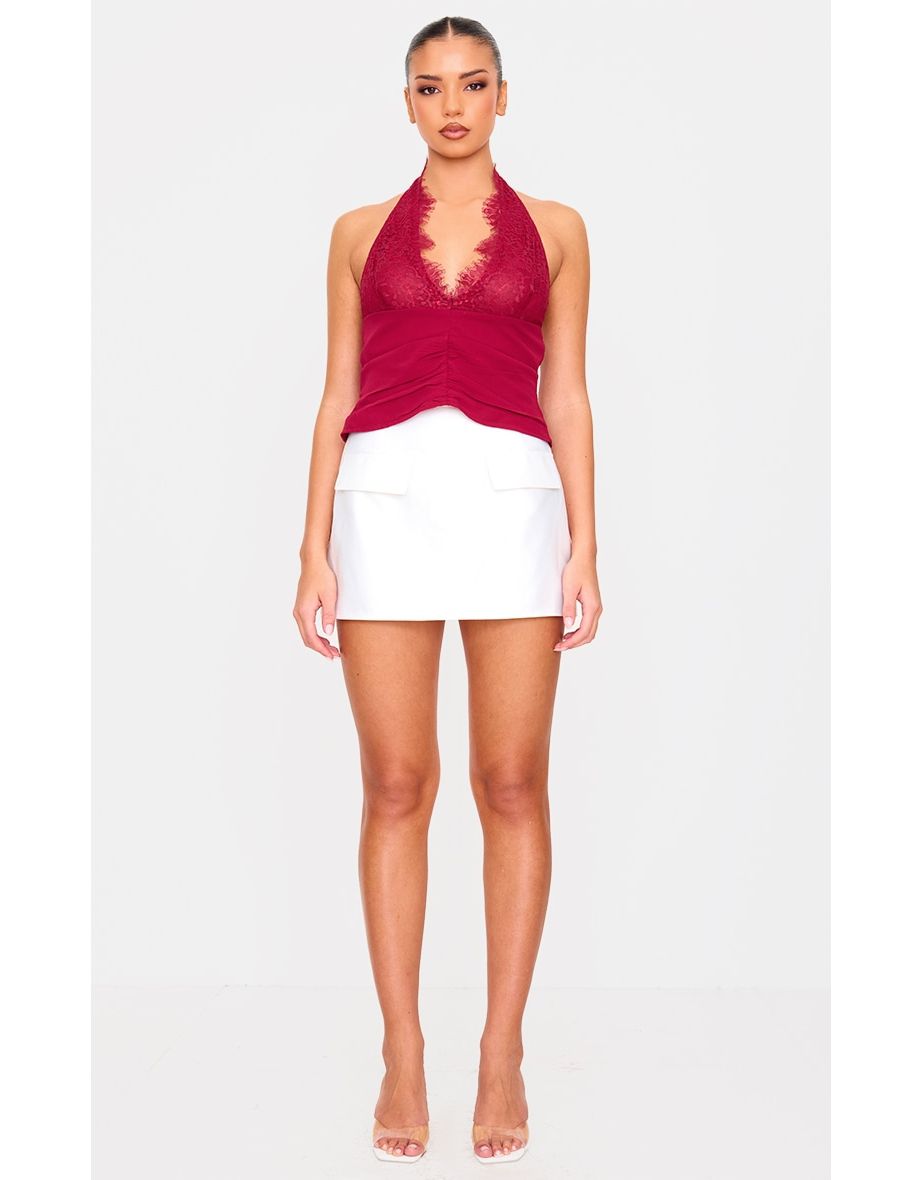 White Structured Woven Pocket A Line Skirt