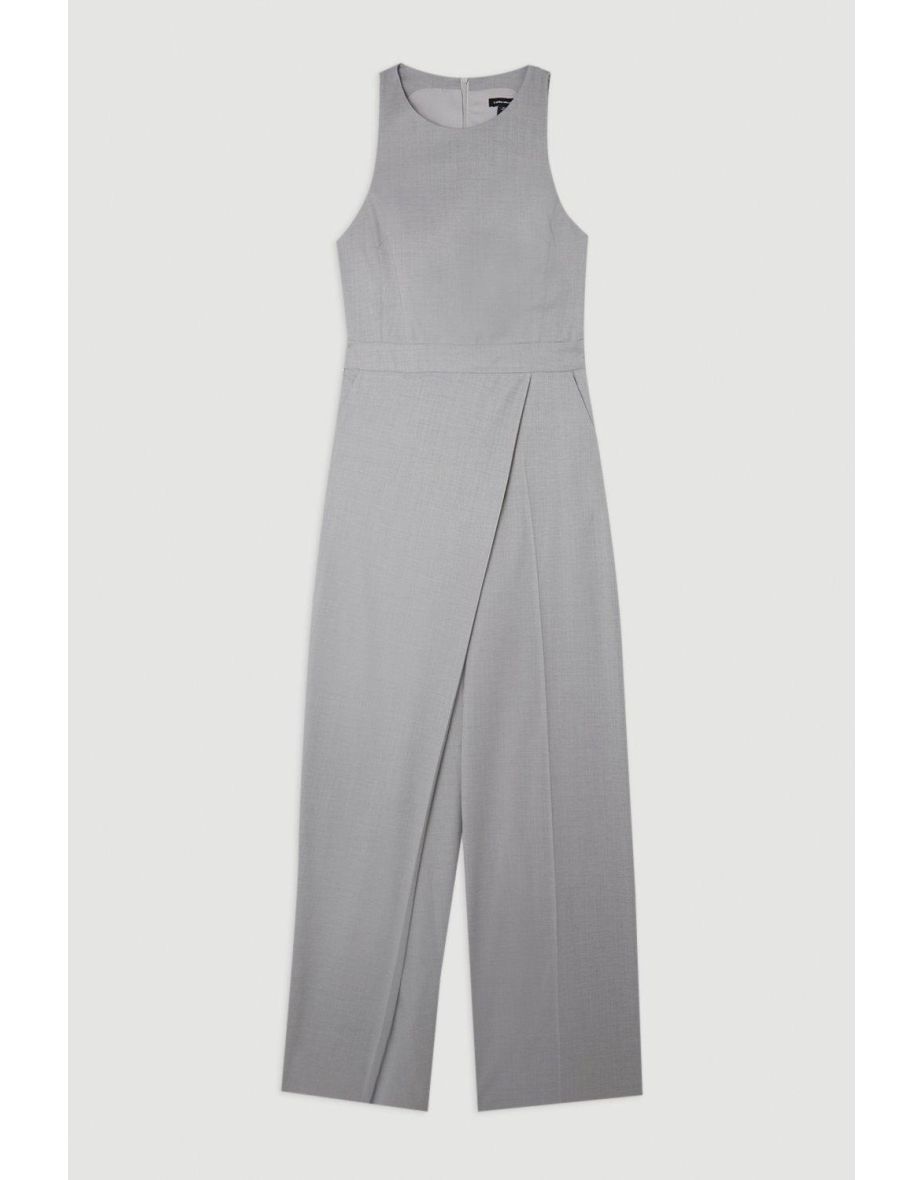 Tailored Wool Blend Wide Leg Wrap Detail Jumpsuit - 3
