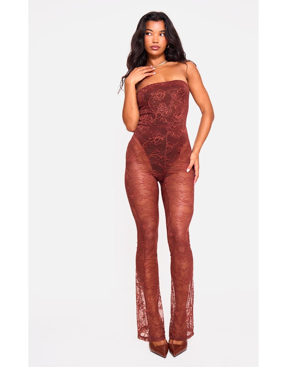 Brown Lace Bodysuit Detail Bandeau Jumpsuit