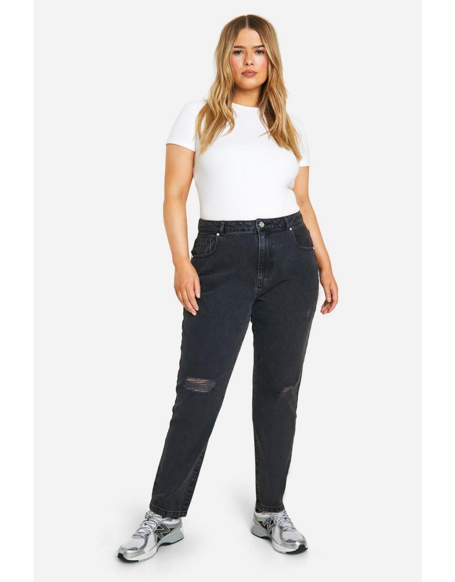 Plus Basics High Waisted Ripped Mom Jeans - washed black