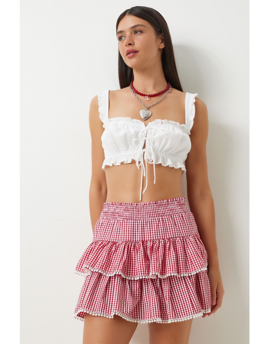 Women's Red Flounce Gingham Shorts Skirt - 5