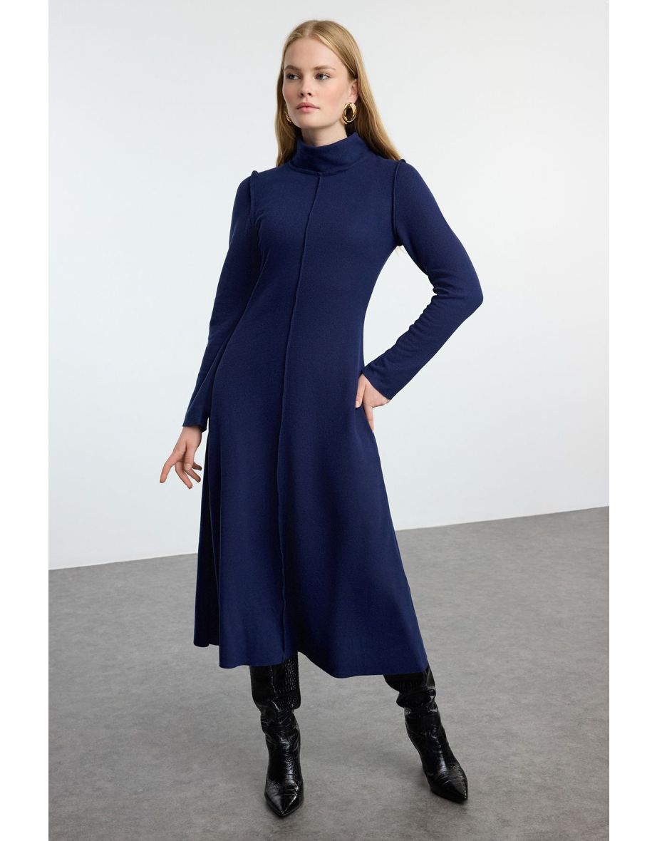 Navy Blue Square Stitched A-Line/A-Line Formal Selanik/Knitwear Look Midi Knitted Dress
