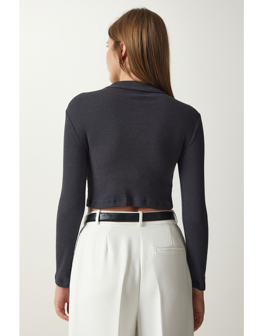 Women's Anthracite Ribbed Turtleneck Crop Knitted Blouse - 3