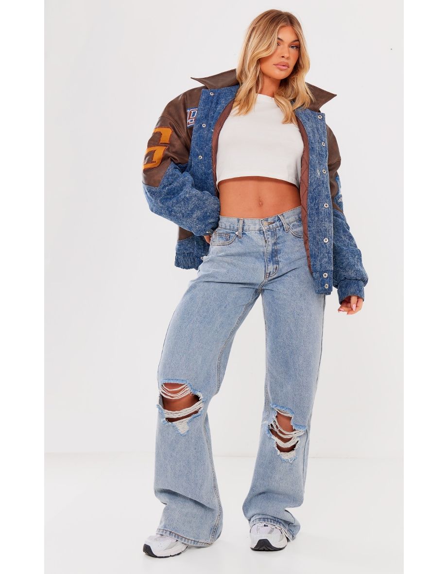 Light Blue Wash Baggy Wide Leg Ripped Jeans