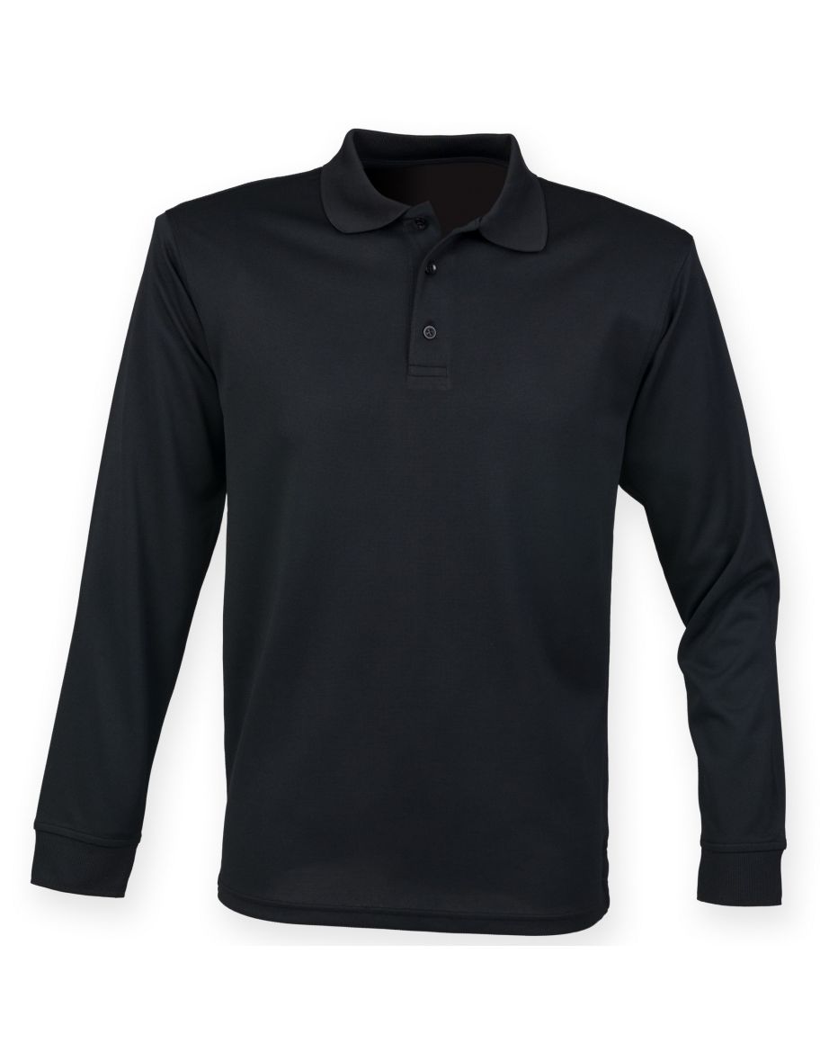 Henbury Mens Coolplus Moisture Wicking Long Sleeve Polo Shirt - Black