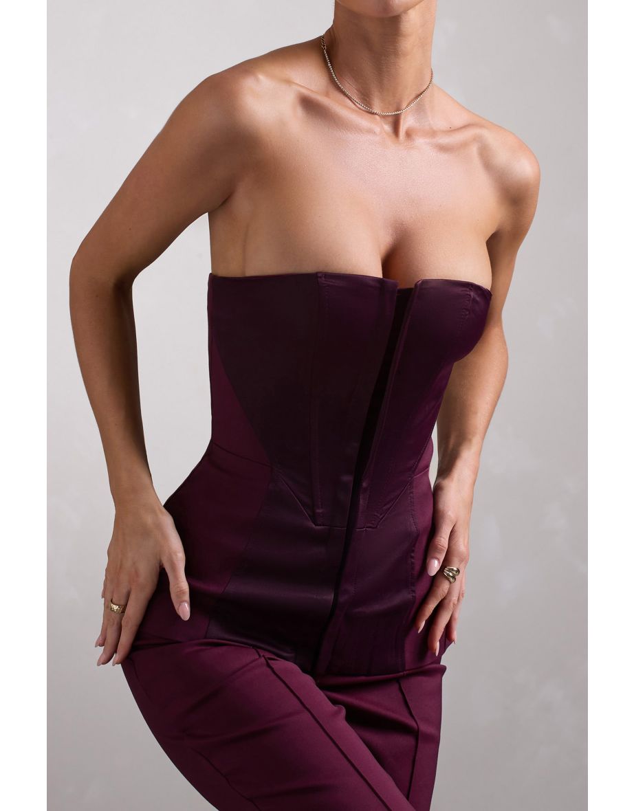 Illusive | Burgundy Satin-Blend Strapless Panelled Corset Top - 4