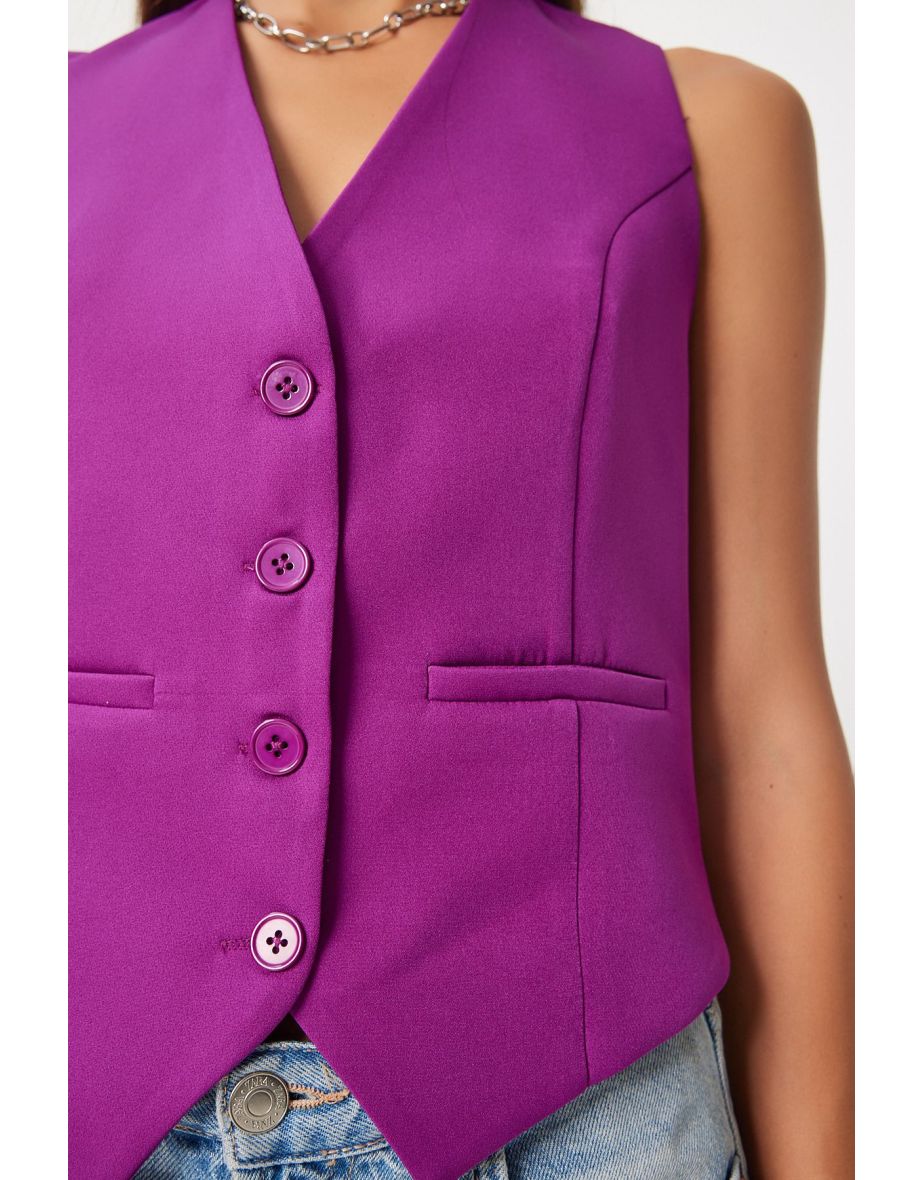 Women's Purple Short Fitted Woven Waistcoat - 3