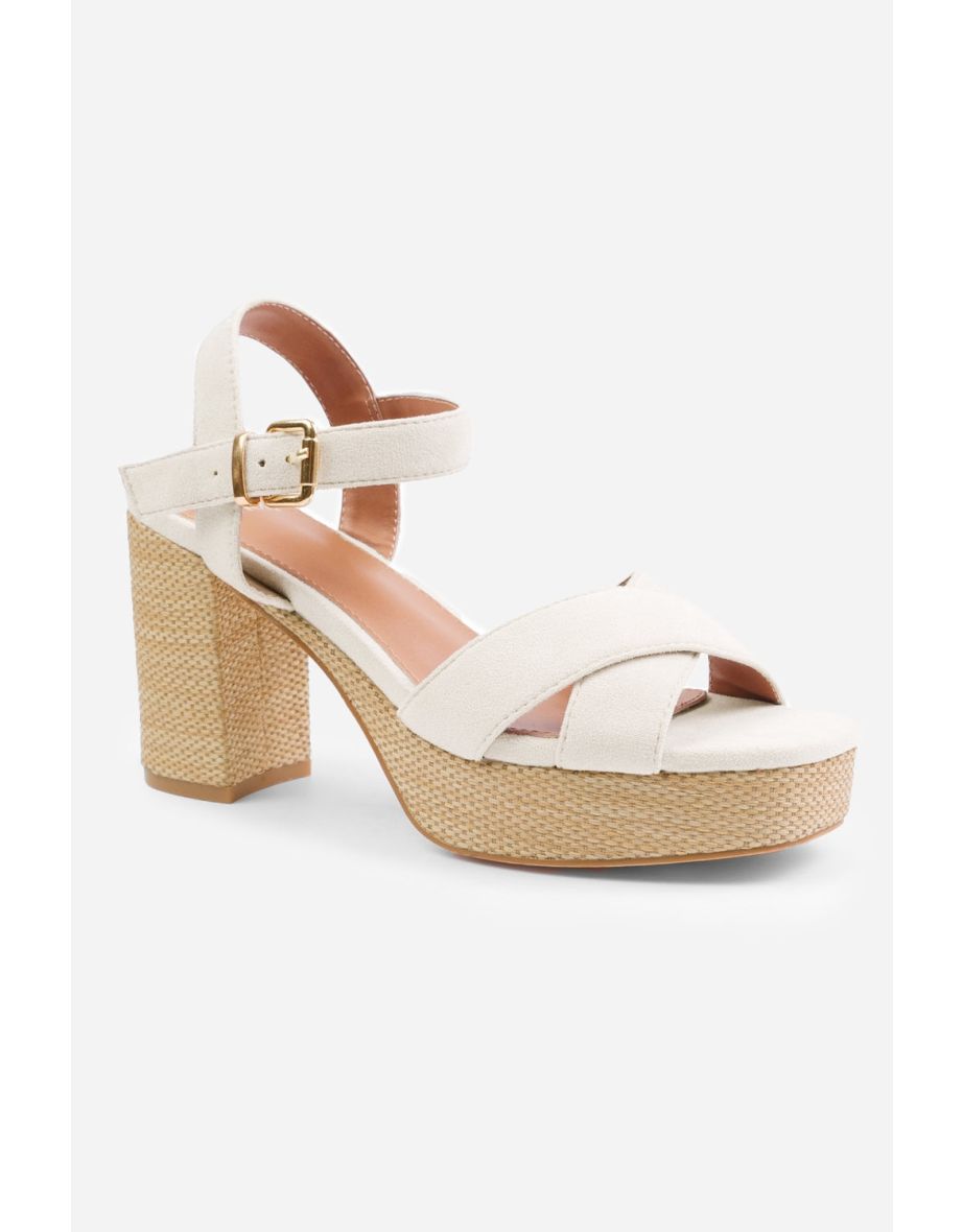 VOLUME PLATFORM BLOCK HIGH HEELS WITH CROSS OVER STRAPS IN LIGHT CREAM SUEDE - 2