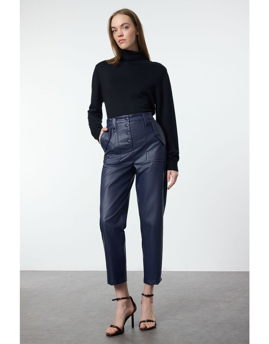 Navy Blue Carrot Woven Front Buttoned Faux Leather Trousers