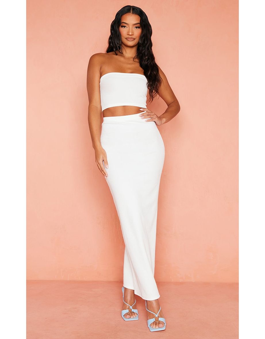 Cream Crinkle Rib Low Rise Midaxi Skirt