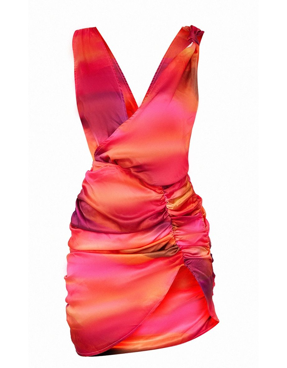 Pink Abstract Print Satin Plunge Wrap Ruched Bodycon Dress - 3