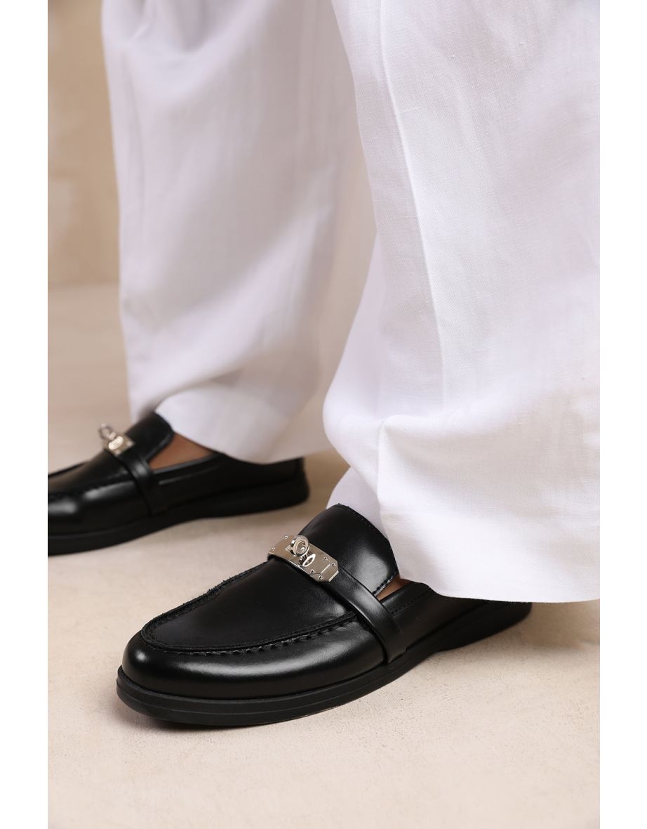 MONACO SLIP ON LOAFERS WITH METAL DETAILING IN BLACK FAUX LEATHER - 1