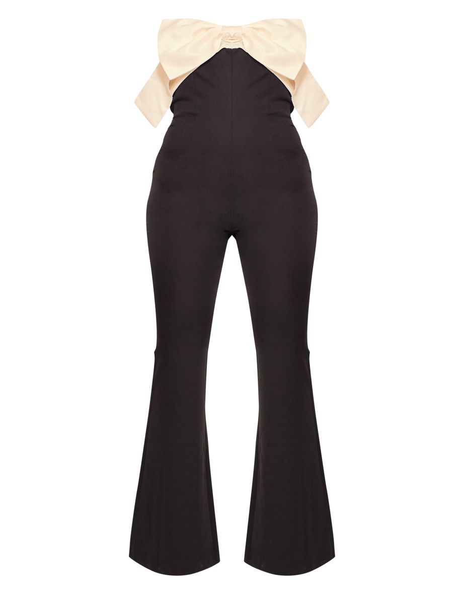 Black Woven Oversized Contrast Bow Detail Wide Leg Jumpsuit - 4