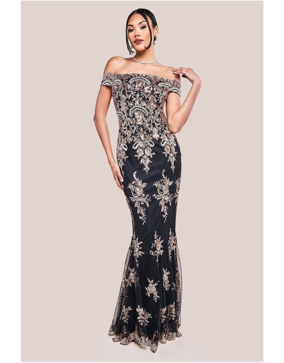 Goddiva Bardot Sequin Embroidered Maxi Dress