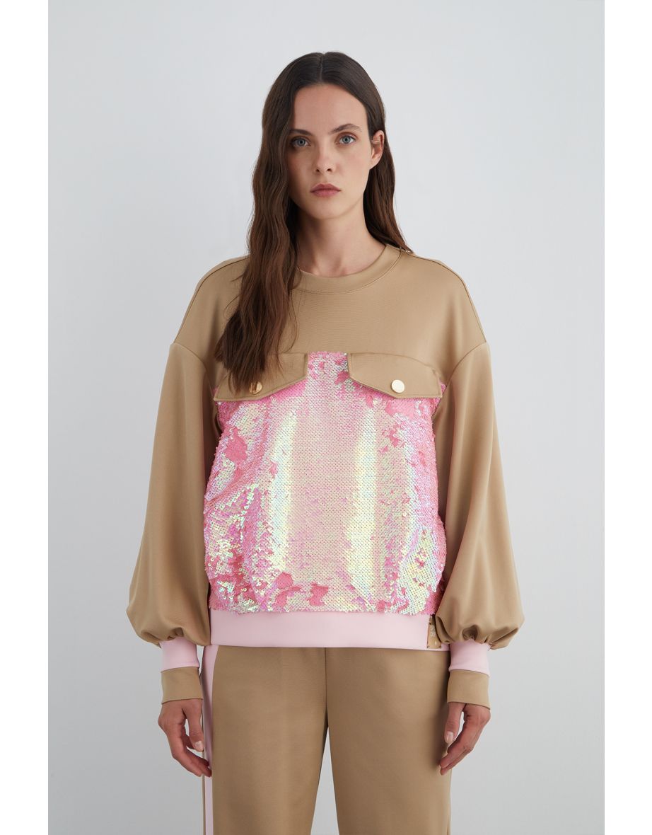 Decorative Pocket Flap Sequin Detail Beige sweatshirt