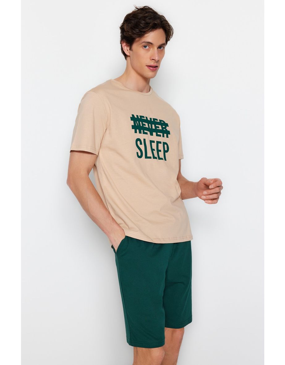 Pajama Set - Beige - With Slogan