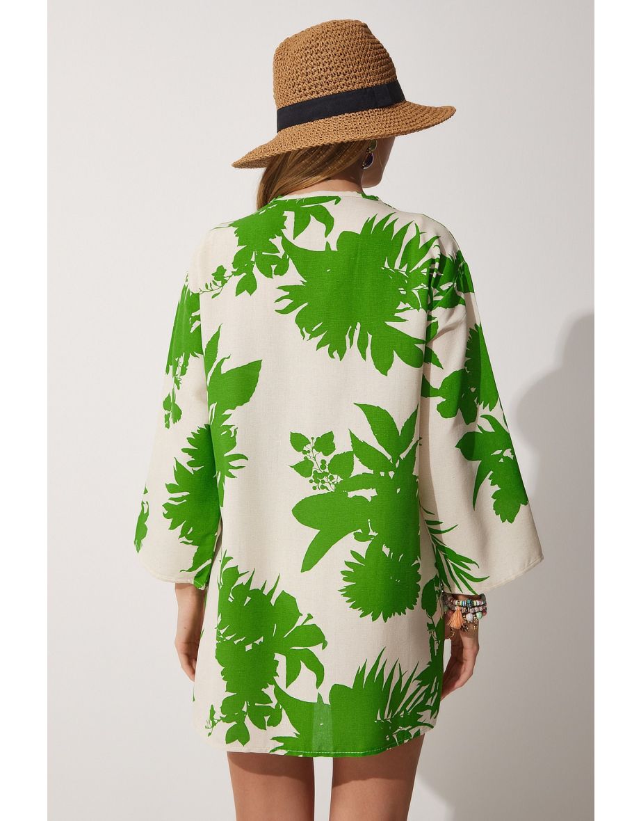 Women's Beige Green Patterned Linen Viscose Kimono - 4
