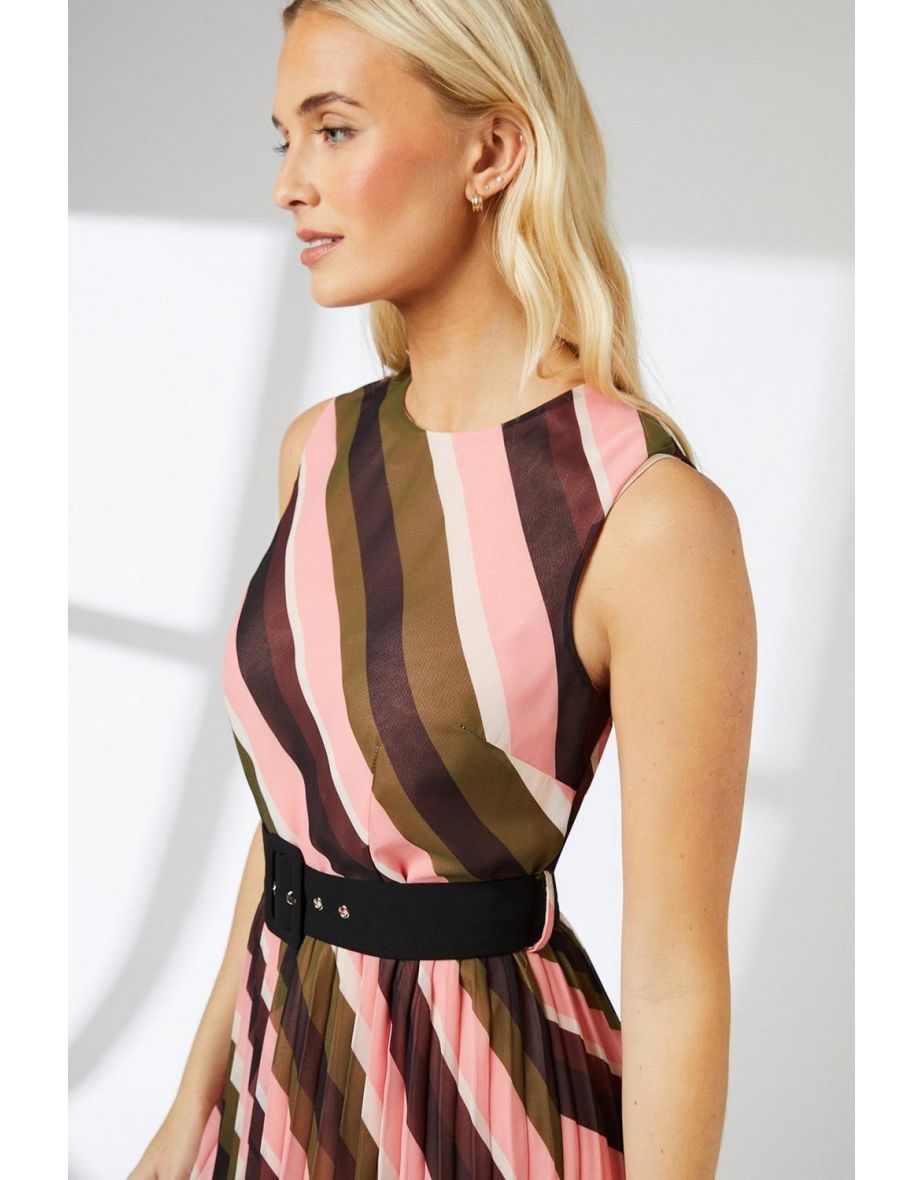 Stripe Print Sleeveless Belted Pleated Midi Dress - 3