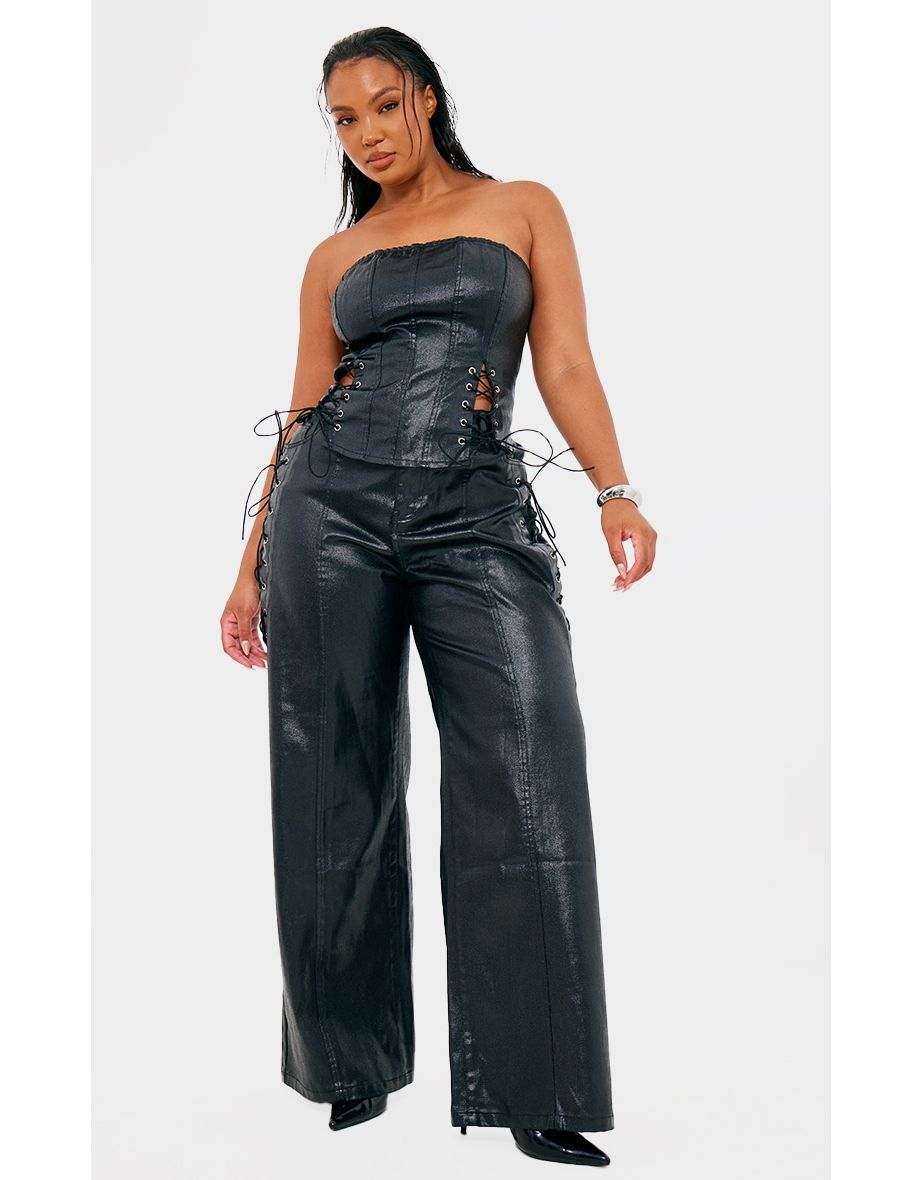 Plus Black Coated Denim Lace Up Wide Leg Jeans