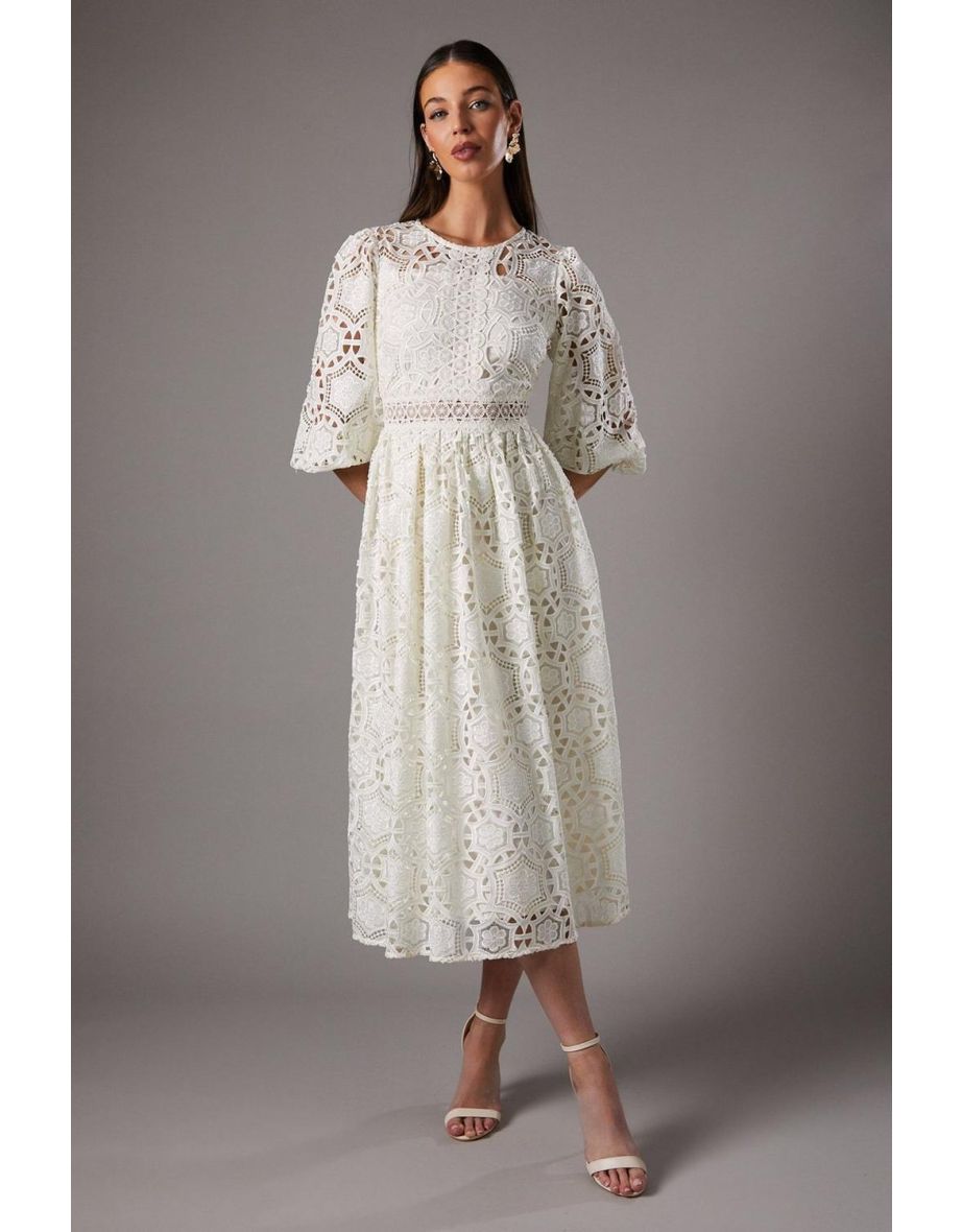 Geo lace Blouson Sleeve Midi Dress