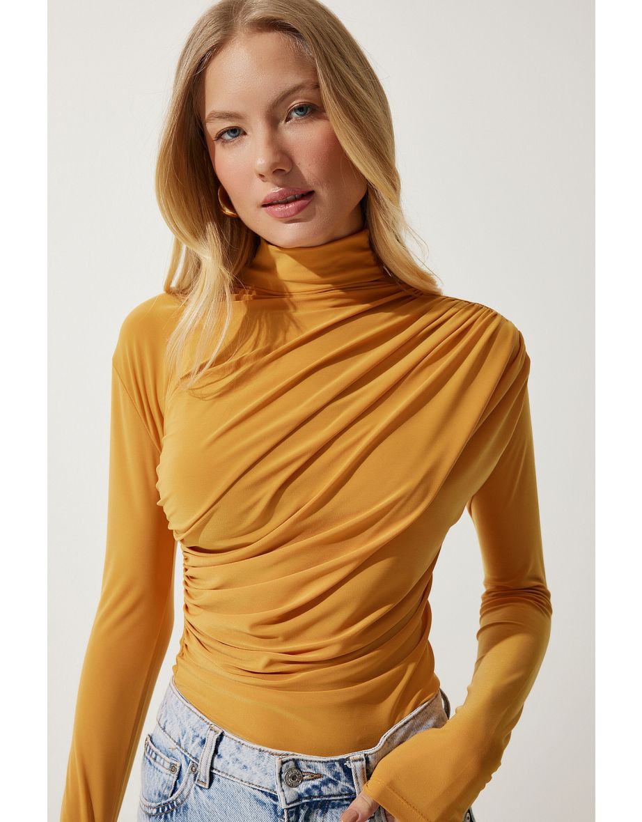 Women's Mustard Gathered Detailed High Neck Sandy Blouse