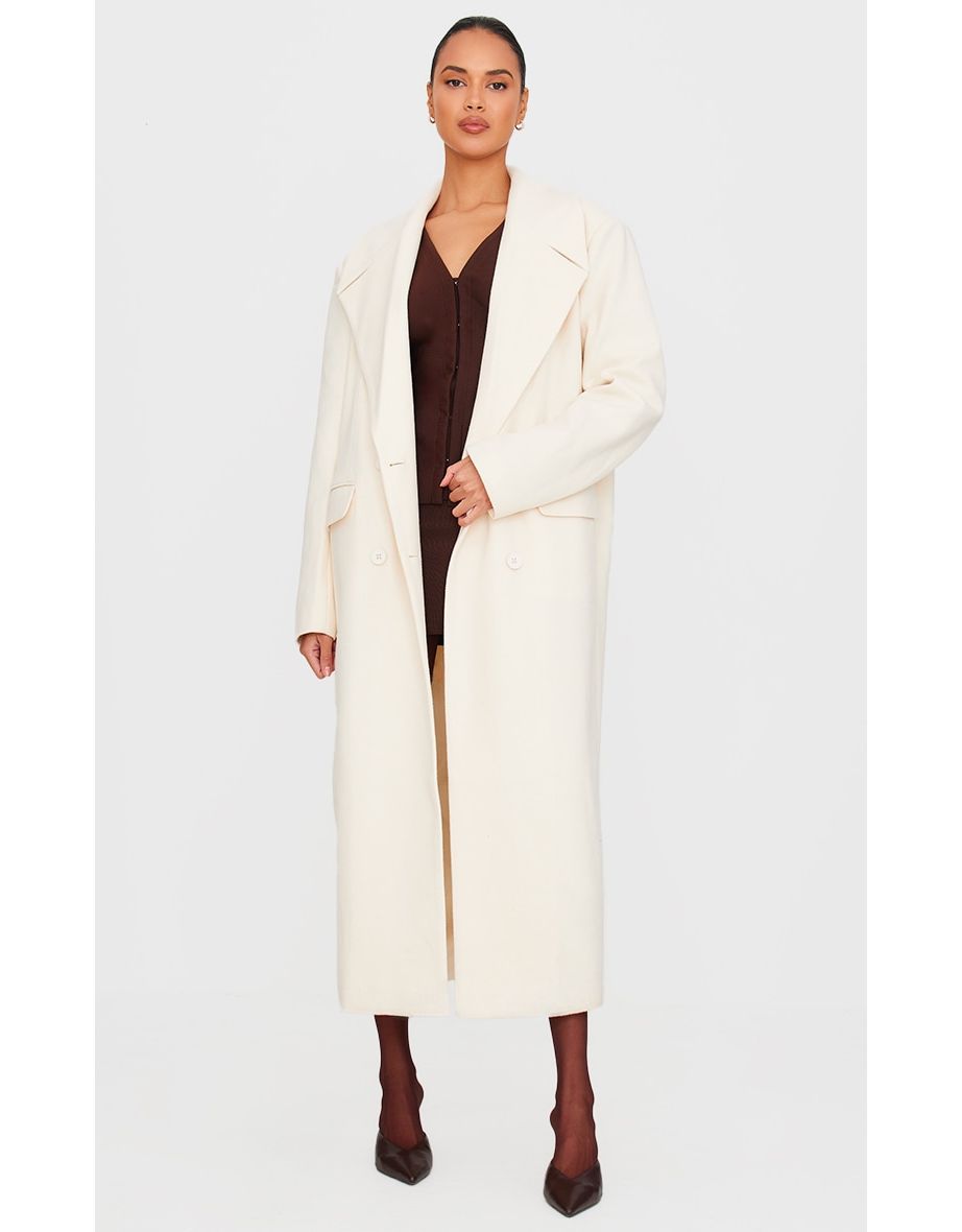 Ecru Wool Look Double Breasted Oversized Maxi Coat