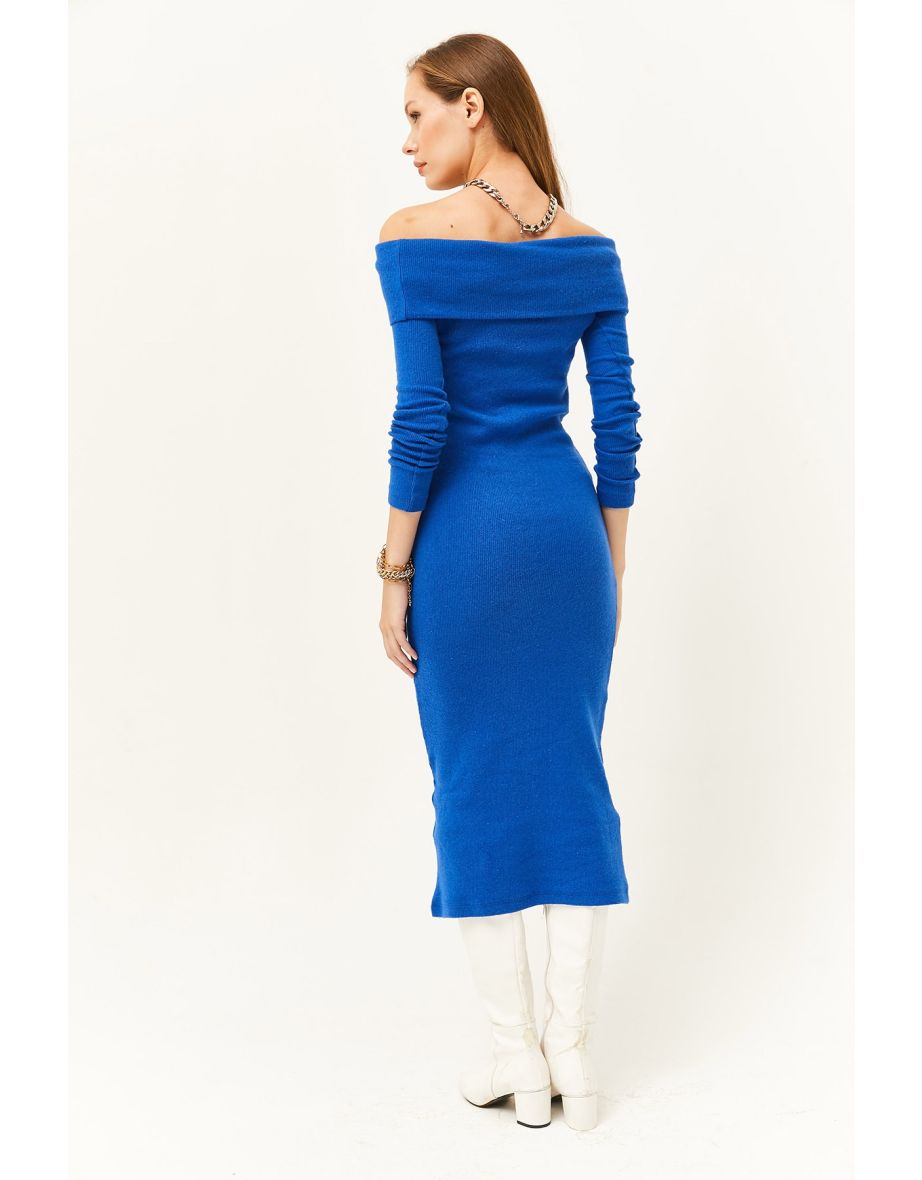 Women's Saxe Blue Madonna Collar Lycra Long Dress - 4