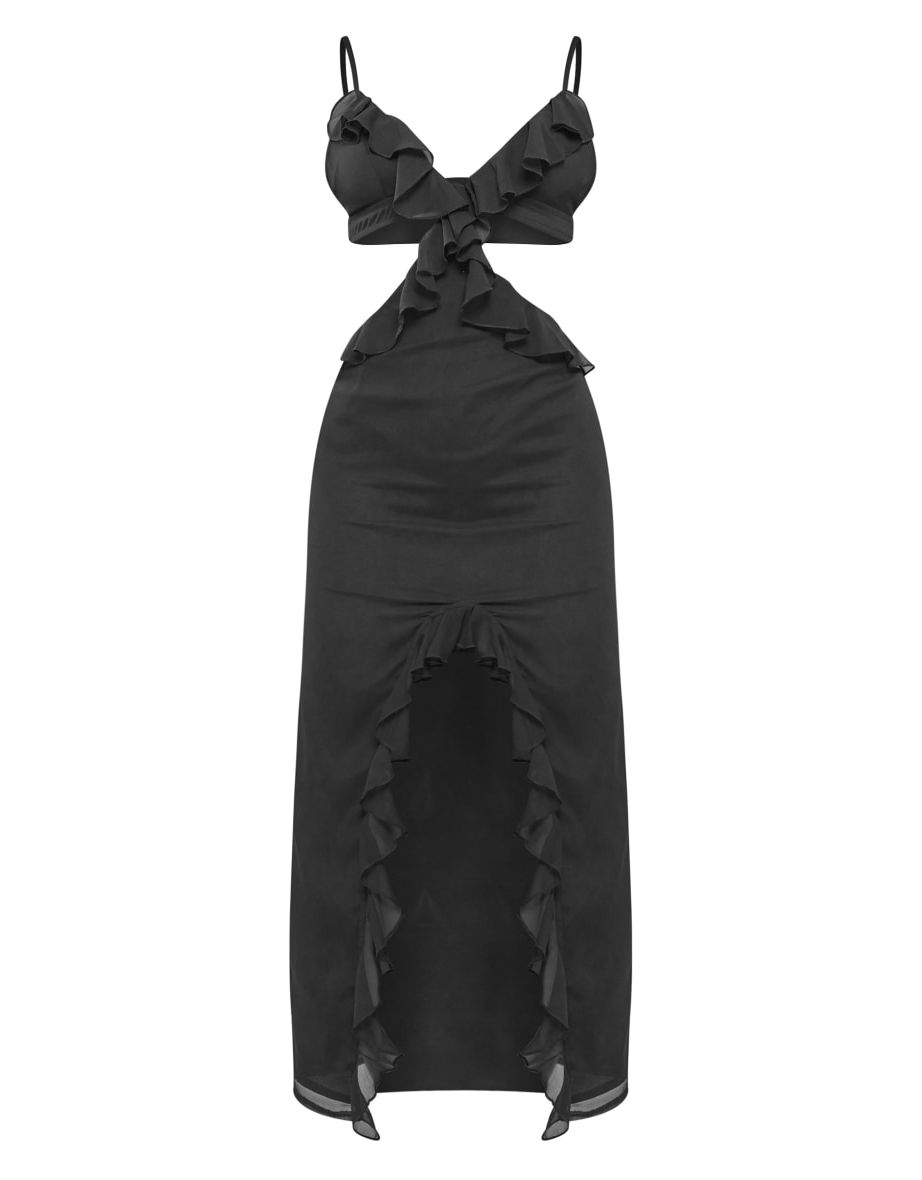 Black Chiffon Frill Trim Detail Backless Midaxi Dress - 4