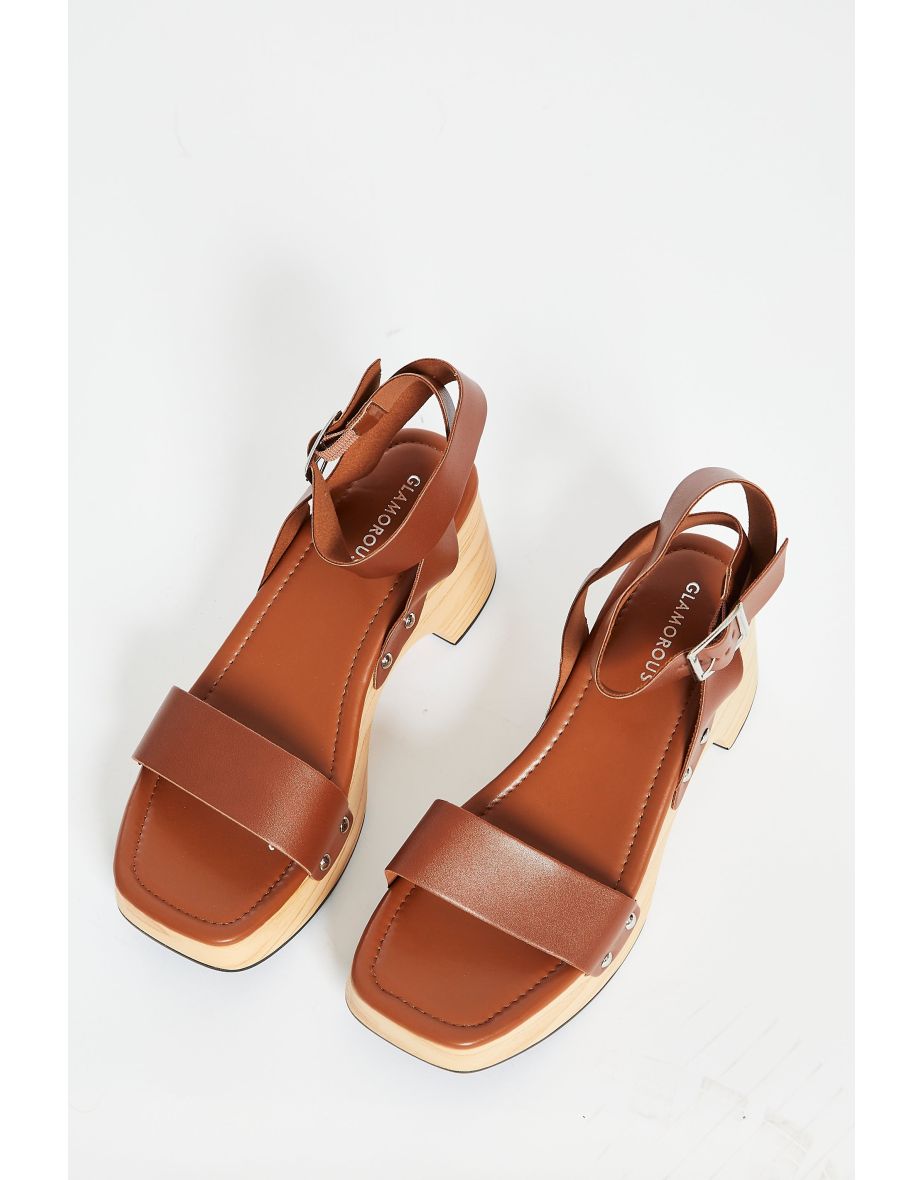 Glamorous Tan Open Toe Block Heel Sandals