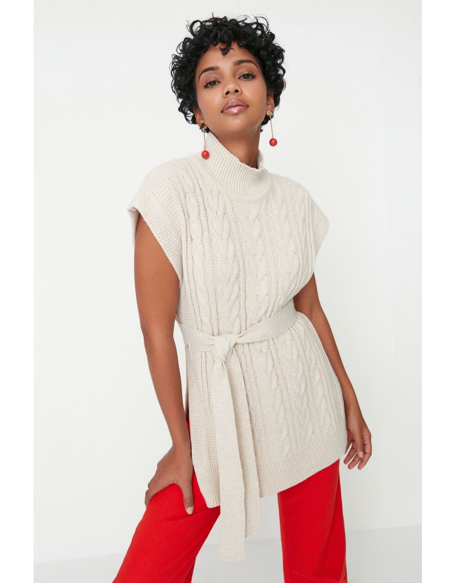 Stone Wide Fit Woolen Belt Knitwear Sweater