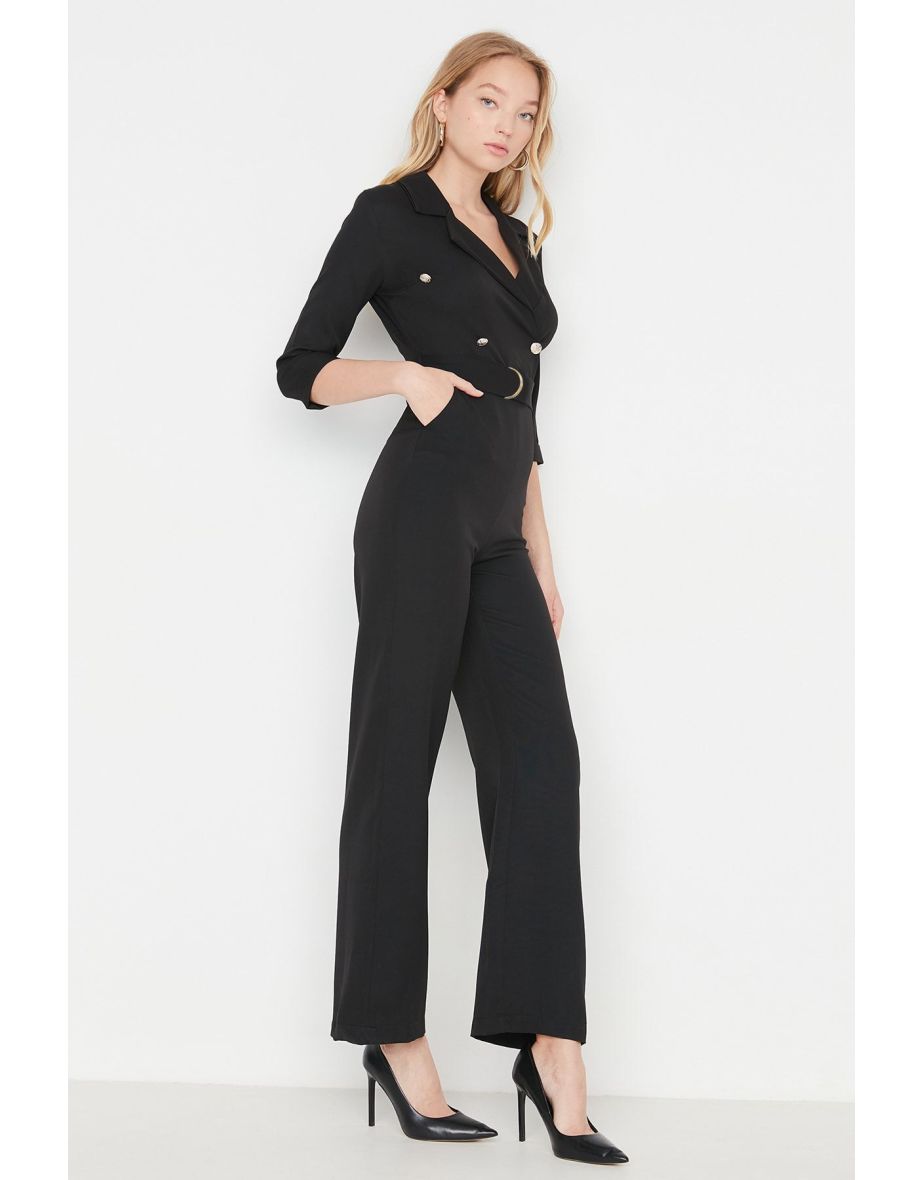 Belted Double Breasted Collar Woven Jumpsuit