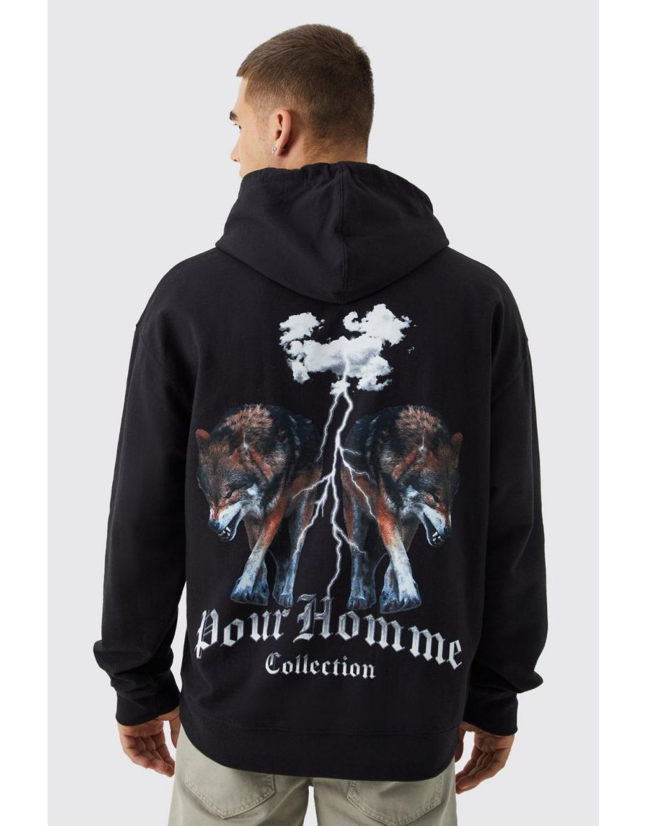 Oversized Pour Homme Wolves Graphic Hoodie - black