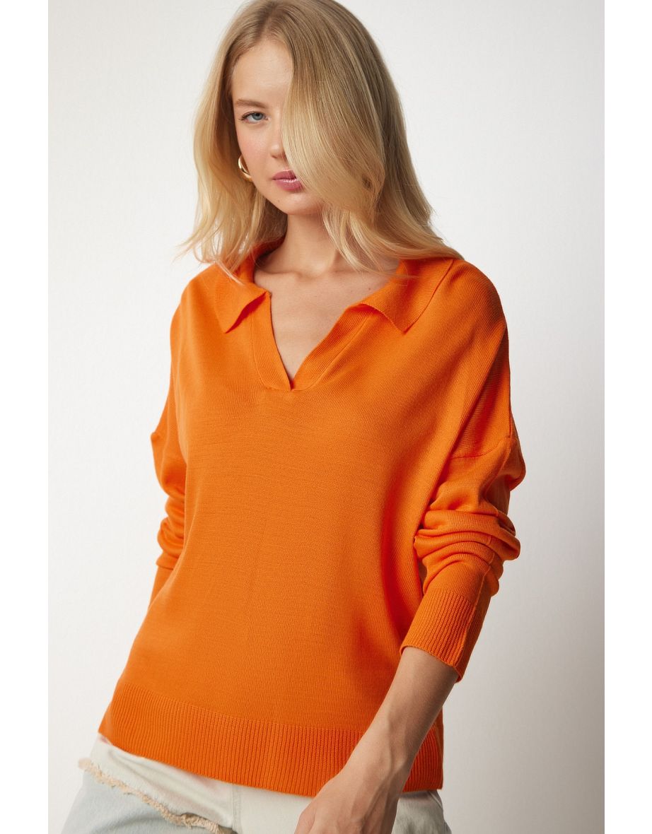 Women's Orange Polo Neck Basic Sweater