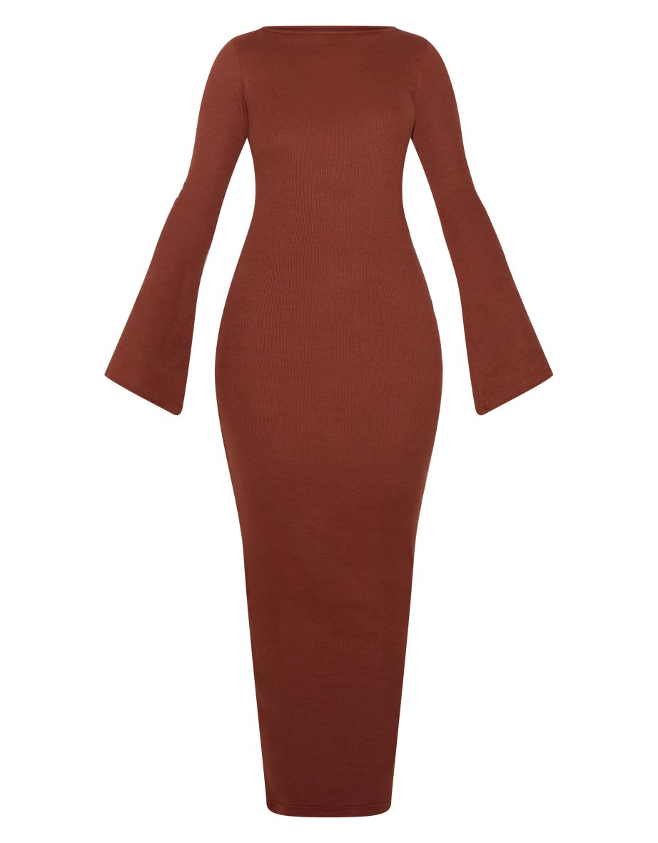 Chocolate Ribbed Boat Neck Long Sleeve Maxi Dress - 4