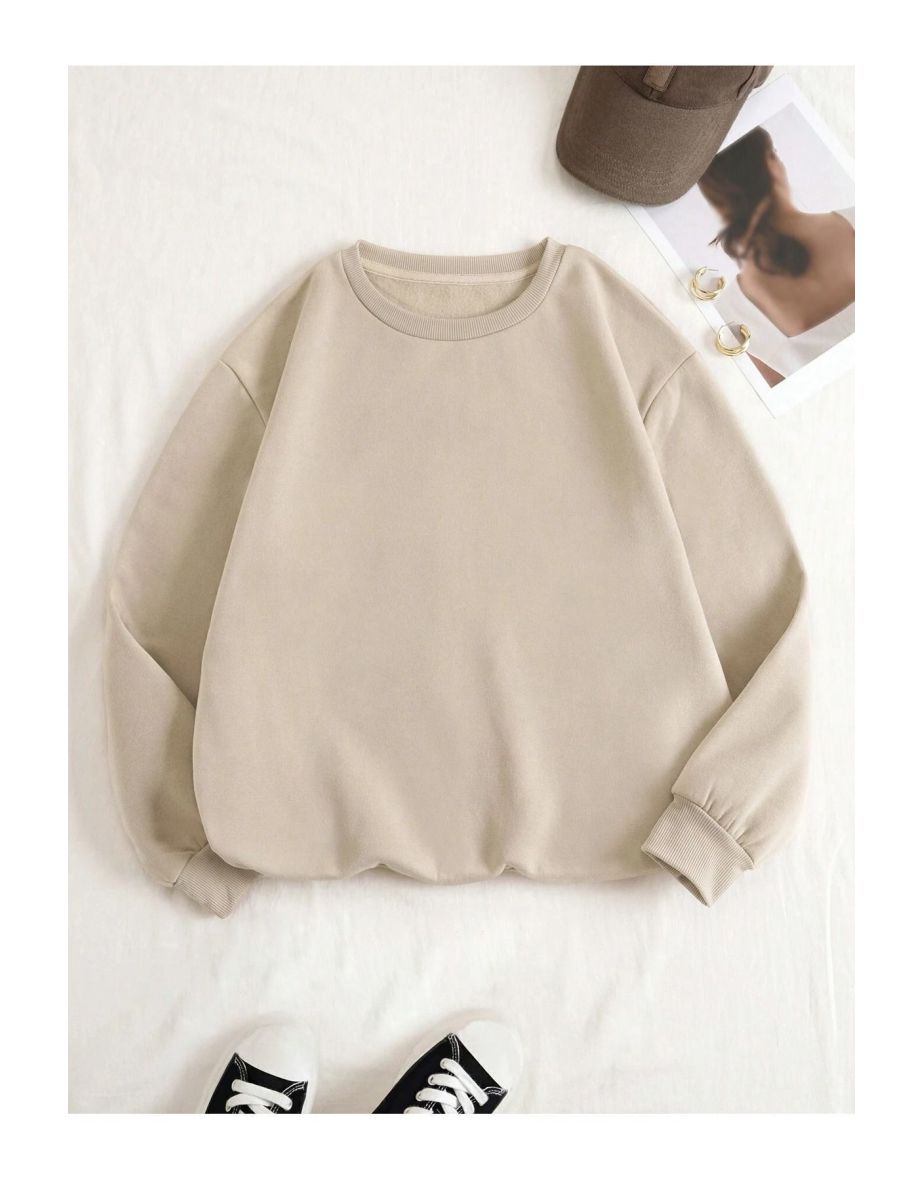 Women's Beige Plain Crew Neck Sweatshirt