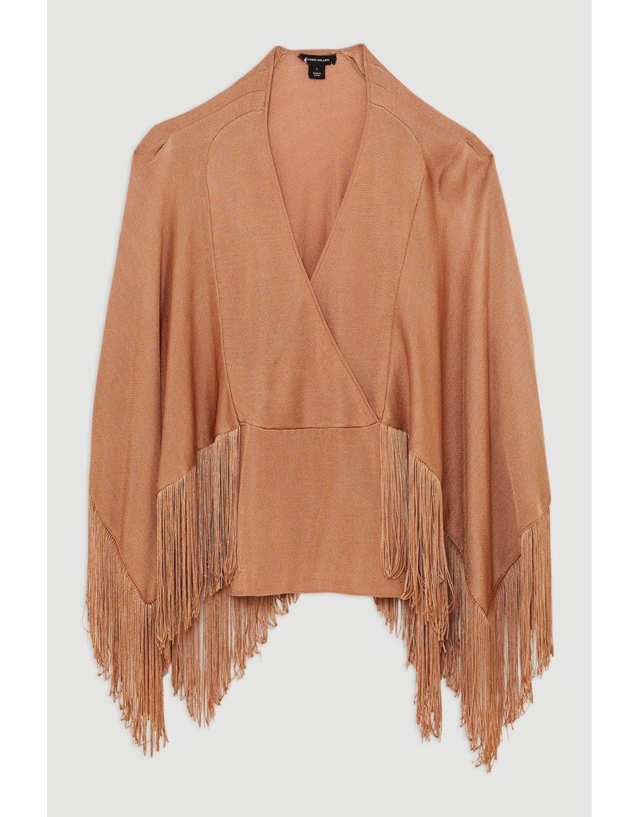 Viscose Blend Slinky Knit Kimono Tassel Top - 3