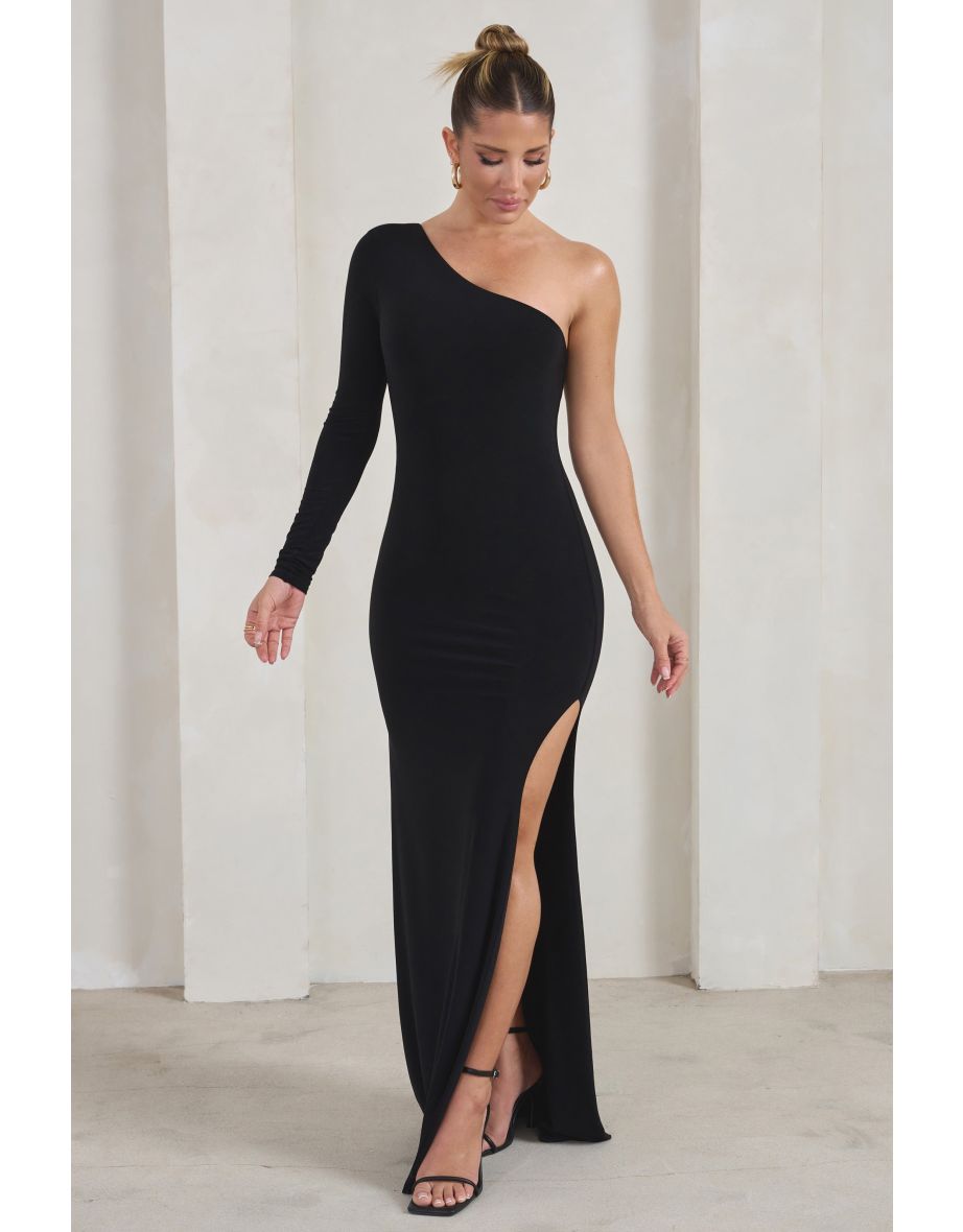 Melanie | Black One Shoulder Split Maxi Dress - 3
