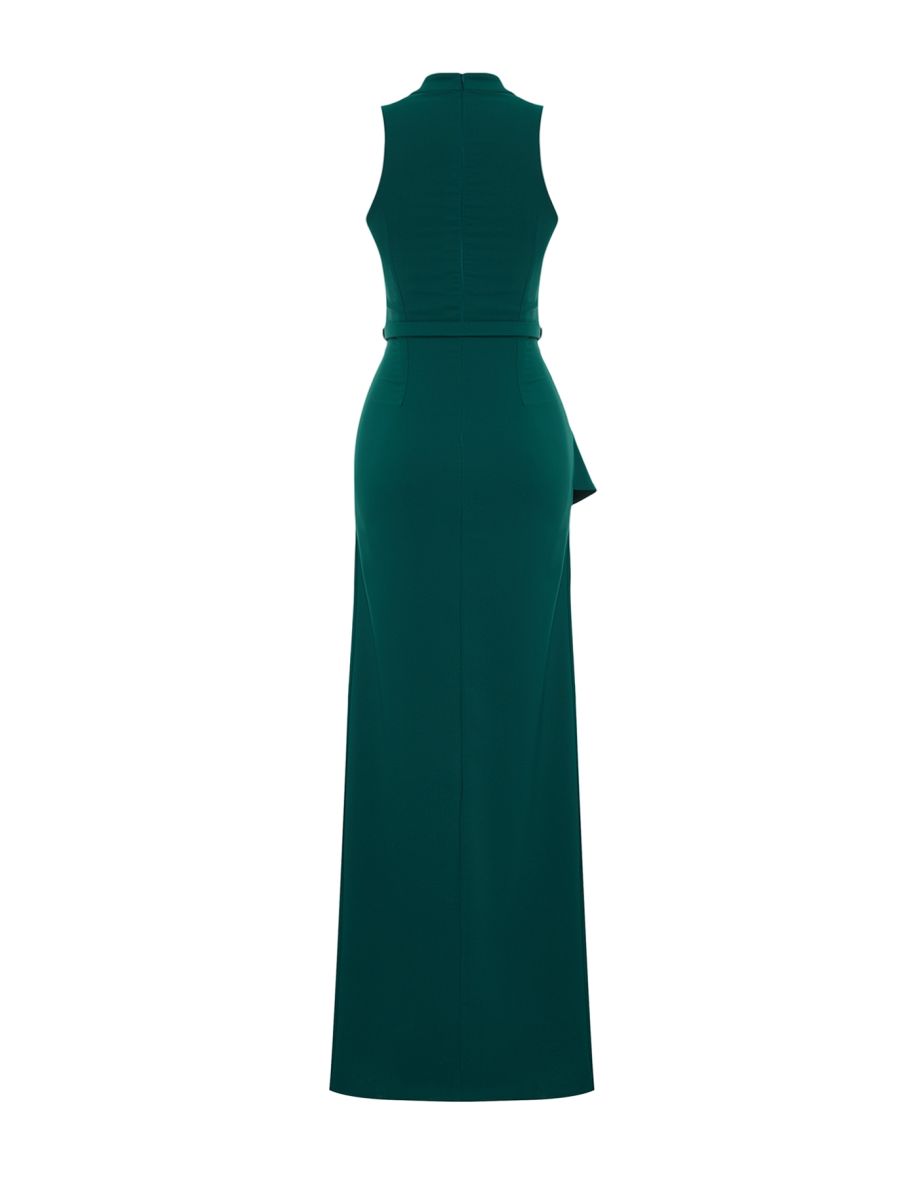 Emerald Green Flounce Detailed Belted Woven Long Elegant Evening Dress - 7