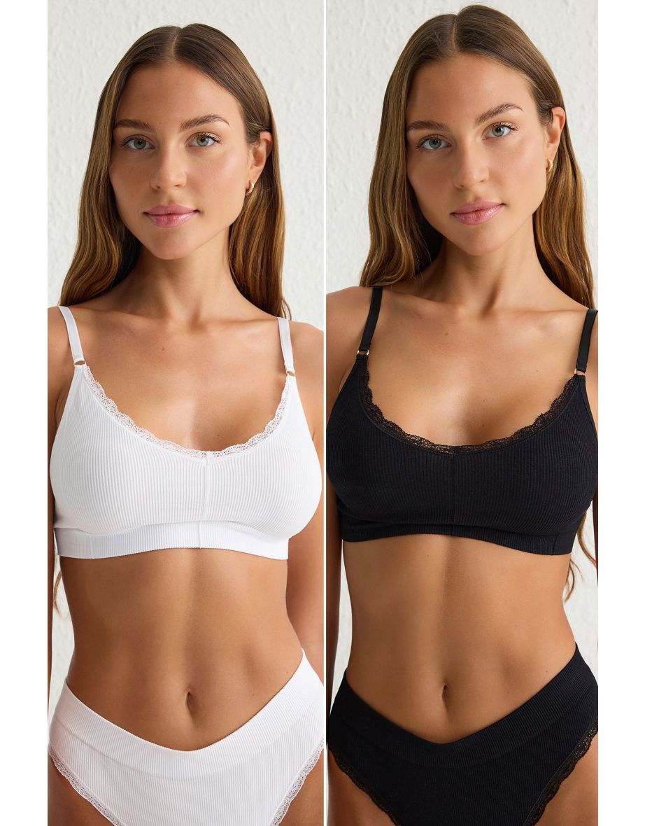 Black-White 2-piece Seamless Lace Detail Non-wired Cupless Bralette Knitted Bra