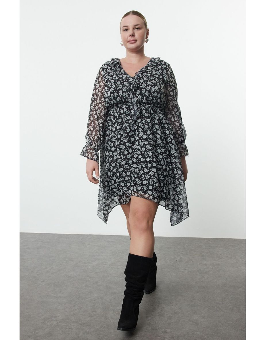 Black-White Chiffon Woven Plus Size Dress