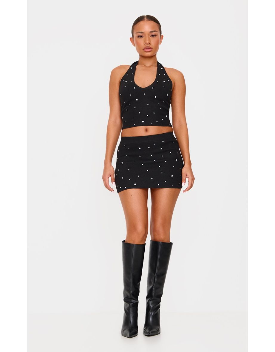Petite Black Diamante Knit Mini Skirt