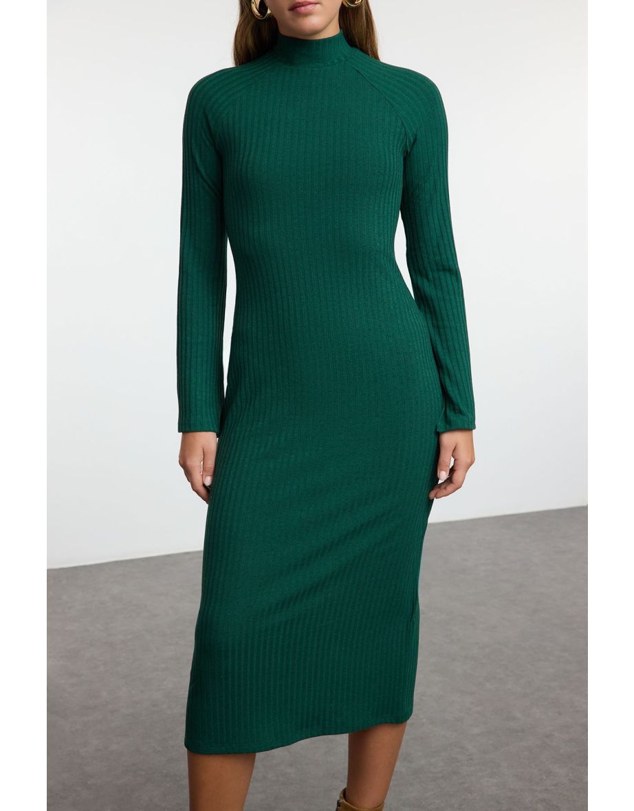 Emerald Green Straight Slit Midi Fitted/Fits Body Ribbed Stretch Knit Dress - 4