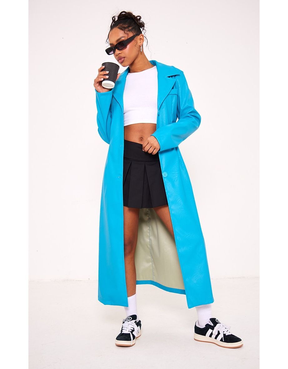 Aqua Faux Leather Button Up Trench Coat