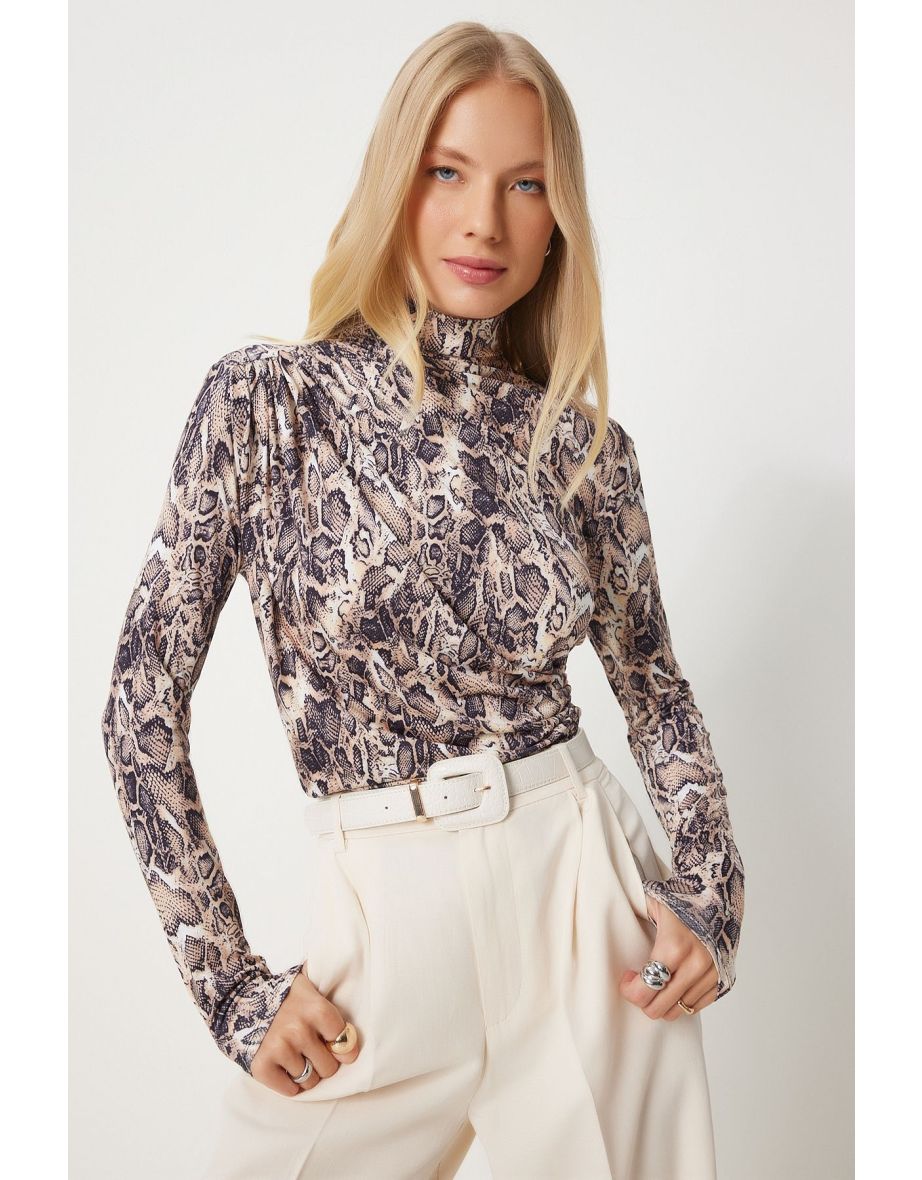 Women's Black Mink Gathered Detail Stand Collar Sandy Blouse